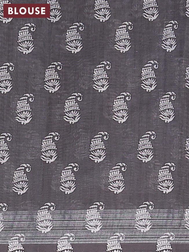 Linen cotton saree dark mustard and black with stripes prints and silver zari woven border - {{ collection.title }} by Prashanti Sarees