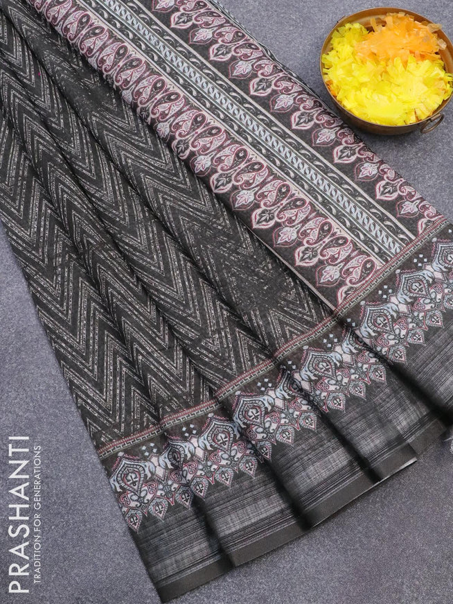 Linen cotton saree dark sap green with allover prints and silver zari woven border - {{ collection.title }} by Prashanti Sarees