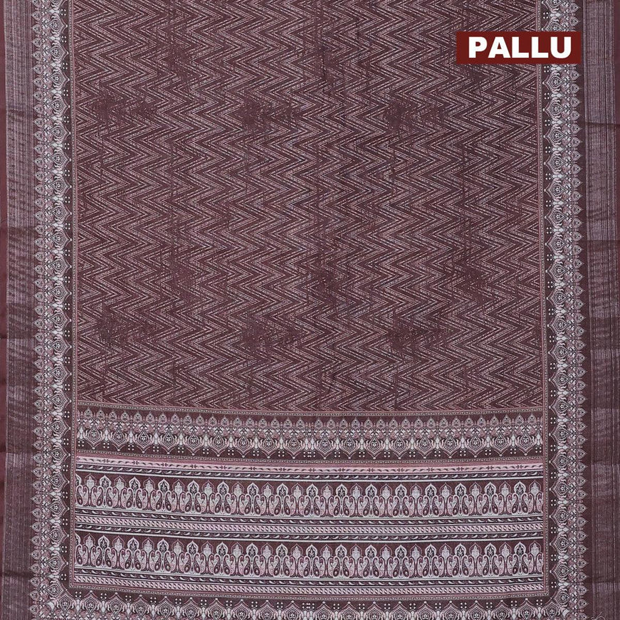 Linen cotton saree deep coffee brown with allover prints and silver zari woven border - {{ collection.title }} by Prashanti Sarees