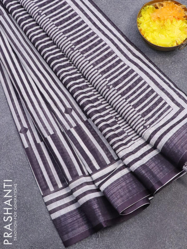 Linen cotton saree deep jamun shade and off white with allover stripes pattern and silver zari woven border - {{ collection.title }} by Prashanti Sarees