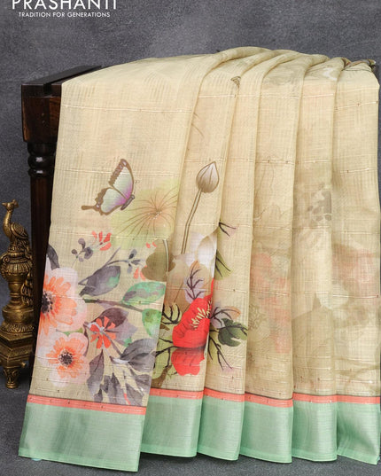 Linen cotton saree elaichi green and green shade with allover floral digital prints & sequin work and silver zari woven border - {{ collection.title }} by Prashanti Sarees