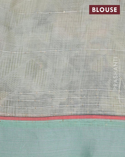 Linen cotton saree elaichi green and green shade with allover floral digital prints & sequin work and silver zari woven border - {{ collection.title }} by Prashanti Sarees