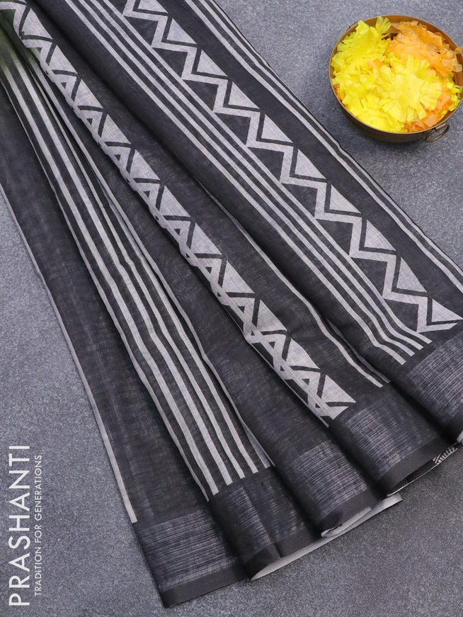 Linen cotton saree green shade and black with stripes prints and silver zari woven border - {{ collection.title }} by Prashanti Sarees