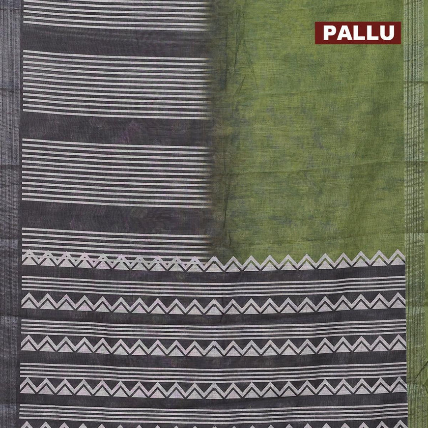 Linen cotton saree green shade and black with stripes prints and silver zari woven border - {{ collection.title }} by Prashanti Sarees