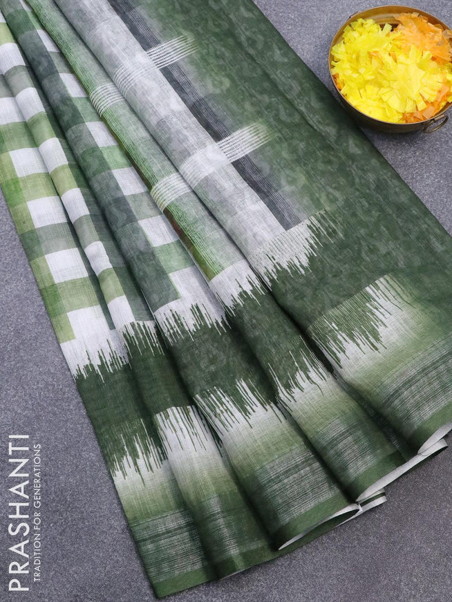Linen cotton saree green shade and off white with allover checked pattern and silver zari woven border - {{ collection.title }} by Prashanti Sarees