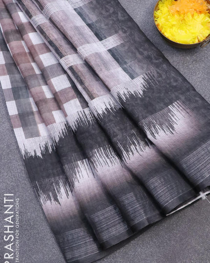 Linen cotton saree grey shade and off white with allover checked pattern and silver zari woven border - {{ collection.title }} by Prashanti Sarees