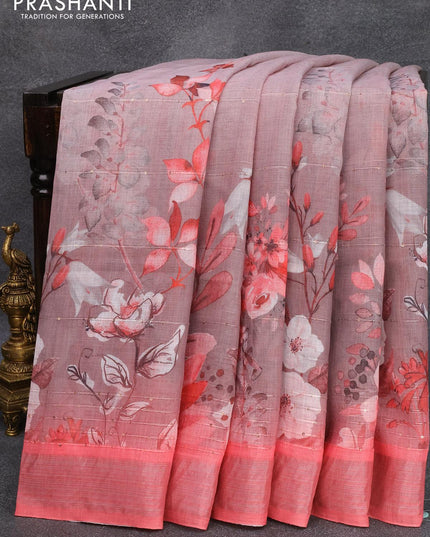 Linen cotton saree grey shade and peach pink with allover floral digital prints & sequin work and silver zari woven border - {{ collection.title }} by Prashanti Sarees