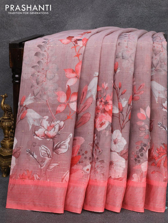 Linen cotton saree grey shade and peach pink with allover floral digital prints & sequin work and silver zari woven border - {{ collection.title }} by Prashanti Sarees
