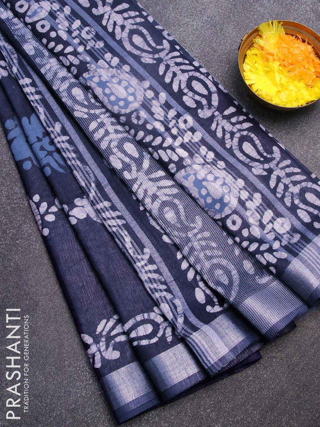 Linen cotton saree indigo blue with allover batik prints and silver zari woven border - {{ collection.title }} by Prashanti Sarees