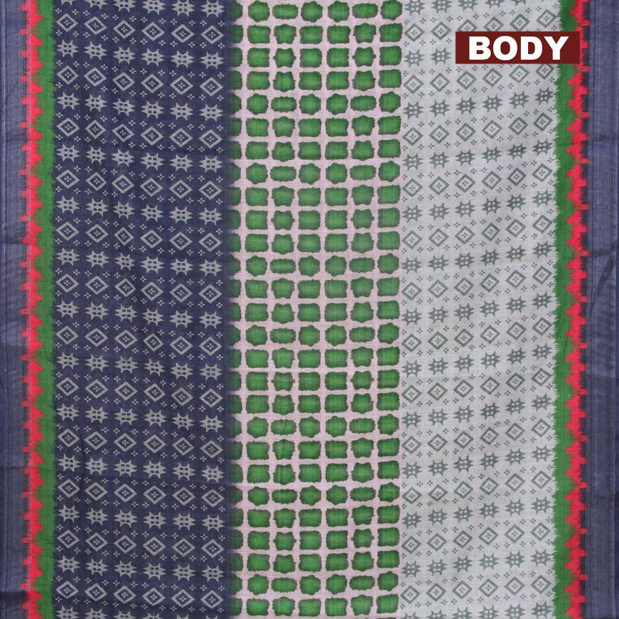 Linen cotton saree multi colour and blue with allover prints and silver zari woven border - {{ collection.title }} by Prashanti Sarees