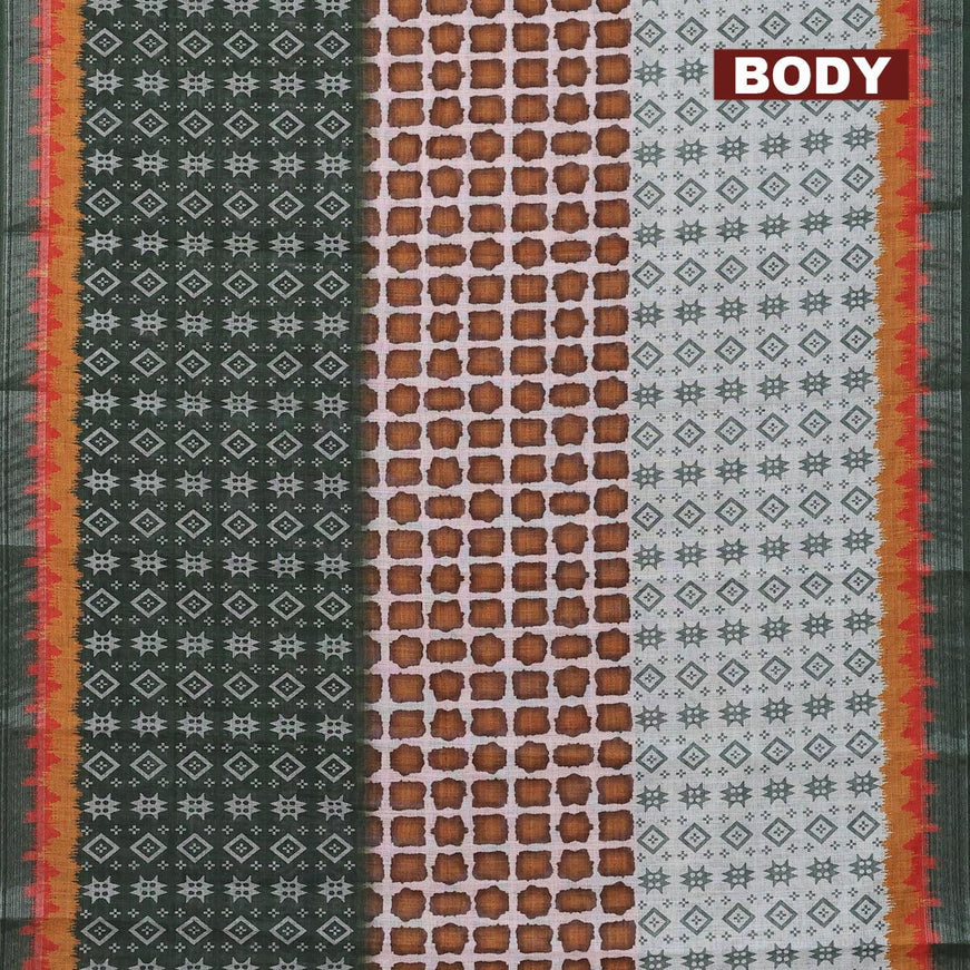 Linen cotton saree multi colour and dark green with allover prints and silver zari woven border - {{ collection.title }} by Prashanti Sarees