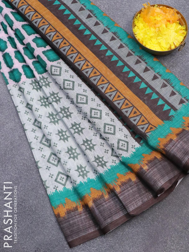 Linen cotton saree multi colour and deep coffee brown with allover prints and silver zari woven border - {{ collection.title }} by Prashanti Sarees