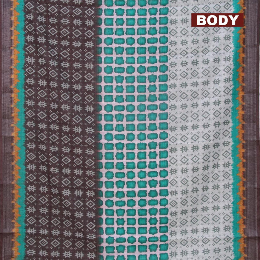 Linen cotton saree multi colour and deep coffee brown with allover prints and silver zari woven border - {{ collection.title }} by Prashanti Sarees