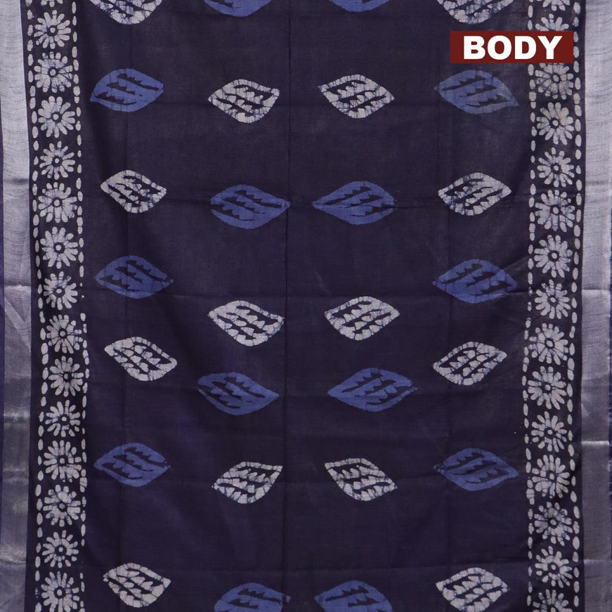 Linen cotton saree navy blue with allover batik prints and silver zari woven border - {{ collection.title }} by Prashanti Sarees