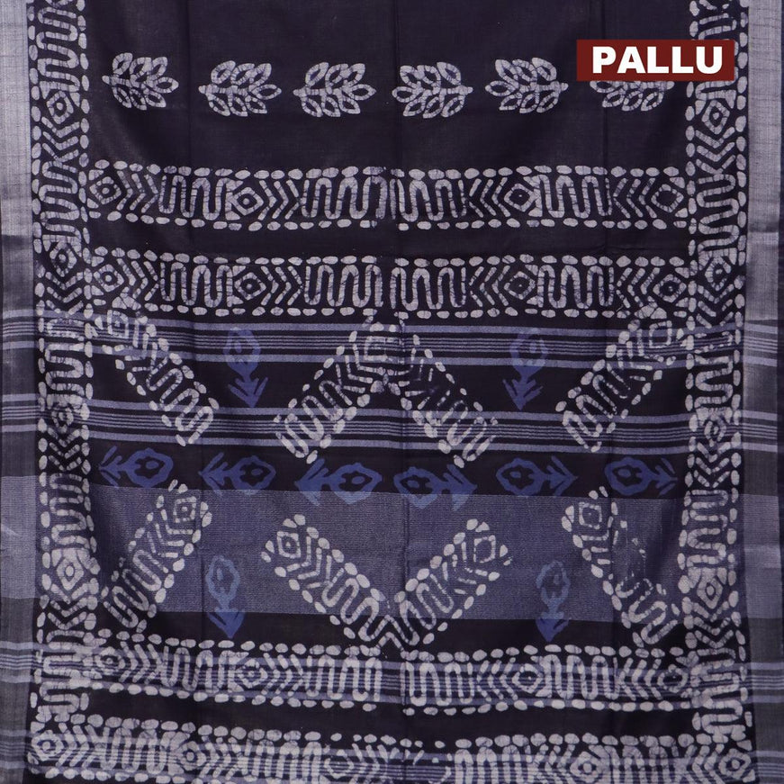 Linen cotton saree navy blue with allover batik prints and silver zari woven border - {{ collection.title }} by Prashanti Sarees