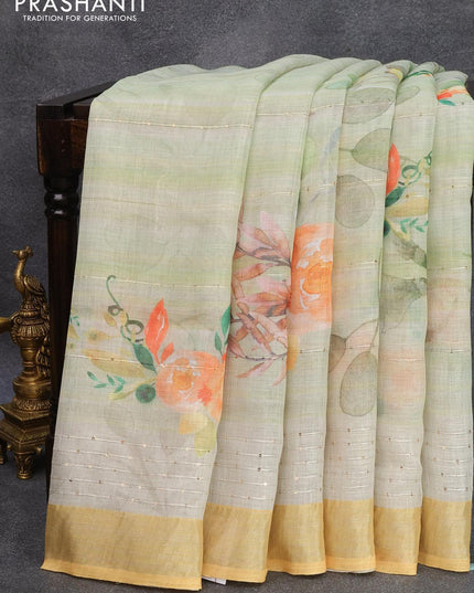 Linen cotton saree pastel green and yellow with allover floral digital prints & sequin work and silver zari woven border - {{ collection.title }} by Prashanti Sarees