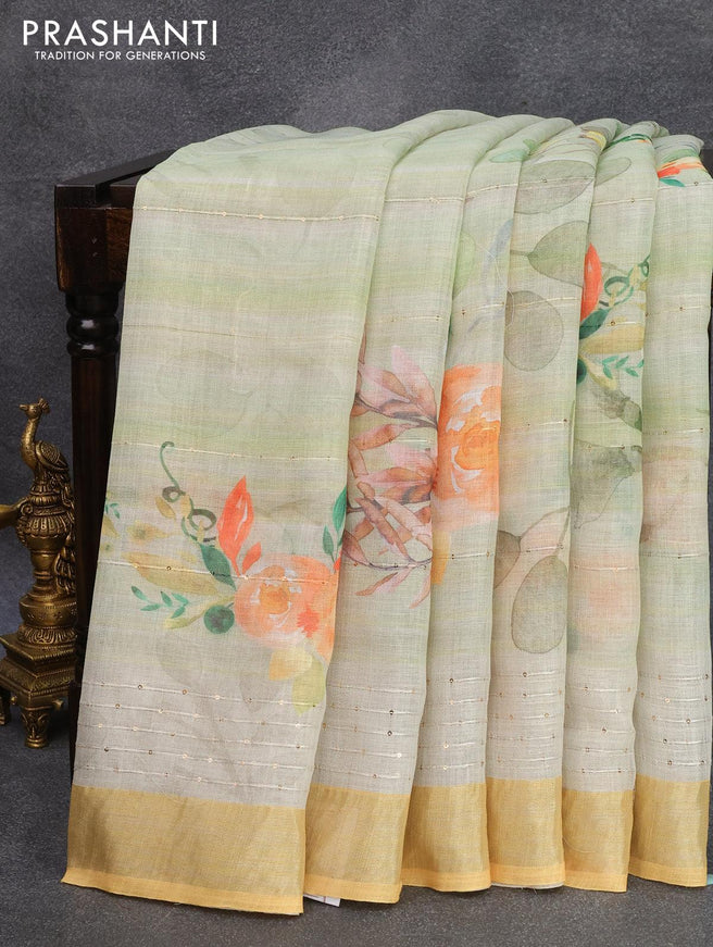 Linen cotton saree pastel green and yellow with allover floral digital prints & sequin work and silver zari woven border - {{ collection.title }} by Prashanti Sarees