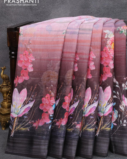 Linen cotton saree pastel pink and black with allover floral digital prints & sequin work and silver zari woven border - {{ collection.title }} by Prashanti Sarees
