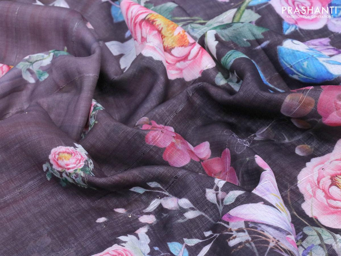 Linen cotton saree pastel pink and black with allover floral digital prints & sequin work and silver zari woven border - {{ collection.title }} by Prashanti Sarees