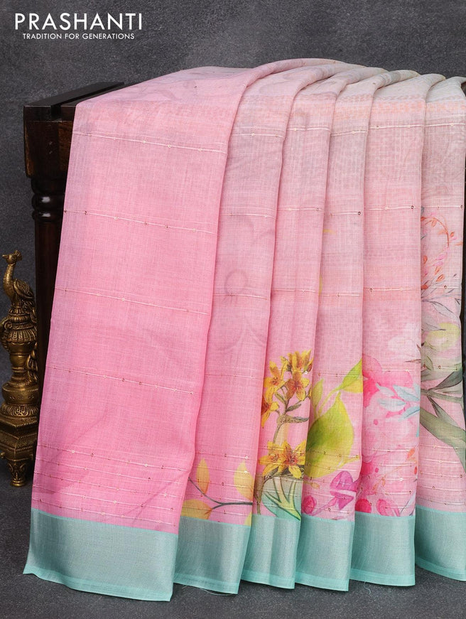 Linen cotton saree pastel pink and teal green with allover floral digital prints & sequin work and silver zari woven border - {{ collection.title }} by Prashanti Sarees