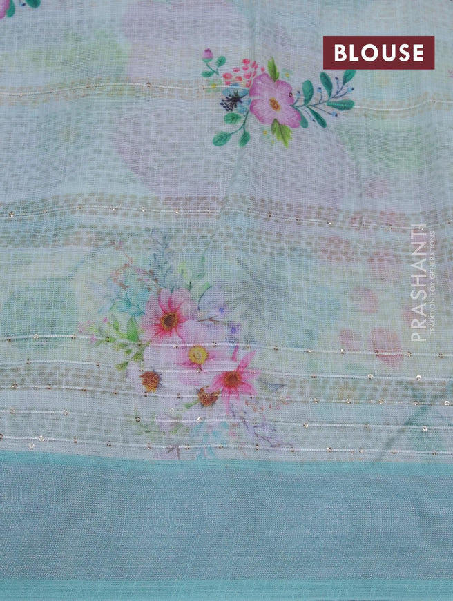 Linen cotton saree pastel pink and teal green with allover floral digital prints & sequin work and silver zari woven border - {{ collection.title }} by Prashanti Sarees