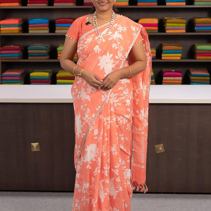 Linen cotton saree peach orange with allover floral prints and small silver zari woven border - {{ collection.title }} by Prashanti Sarees