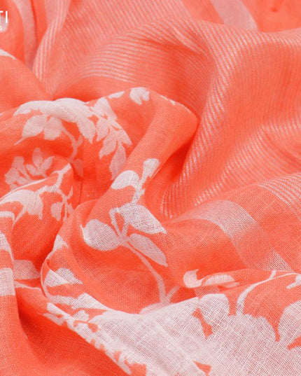 Linen cotton saree peach orange with allover floral prints and small silver zari woven border - {{ collection.title }} by Prashanti Sarees