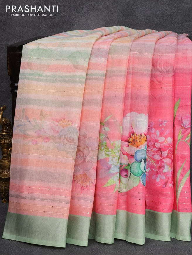 Linen cotton saree peach pink and pastel green with allover floral digital prints & sequin work and silver zari woven border - {{ collection.title }} by Prashanti Sarees