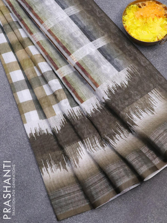 Linen cotton saree sap green shade and off white with allover checked pattern and silver zari woven border - {{ collection.title }} by Prashanti Sarees