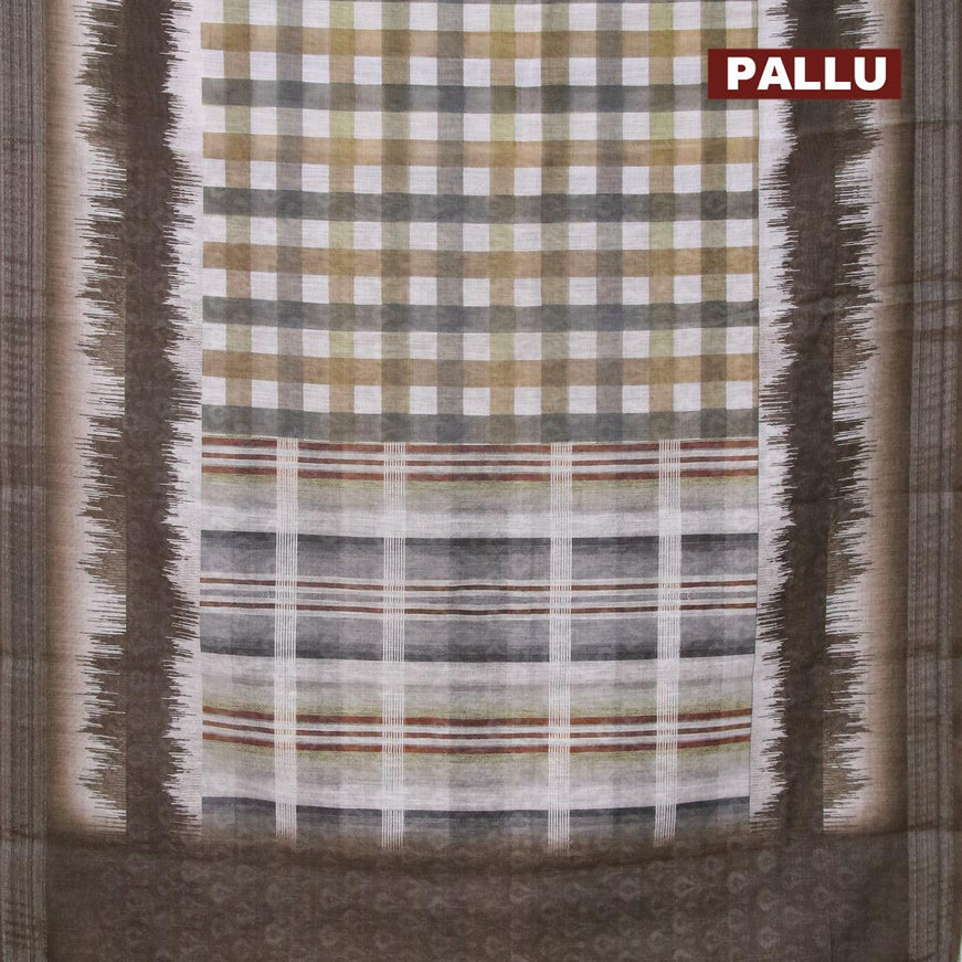 Linen cotton saree sap green shade and off white with allover checked pattern and silver zari woven border - {{ collection.title }} by Prashanti Sarees