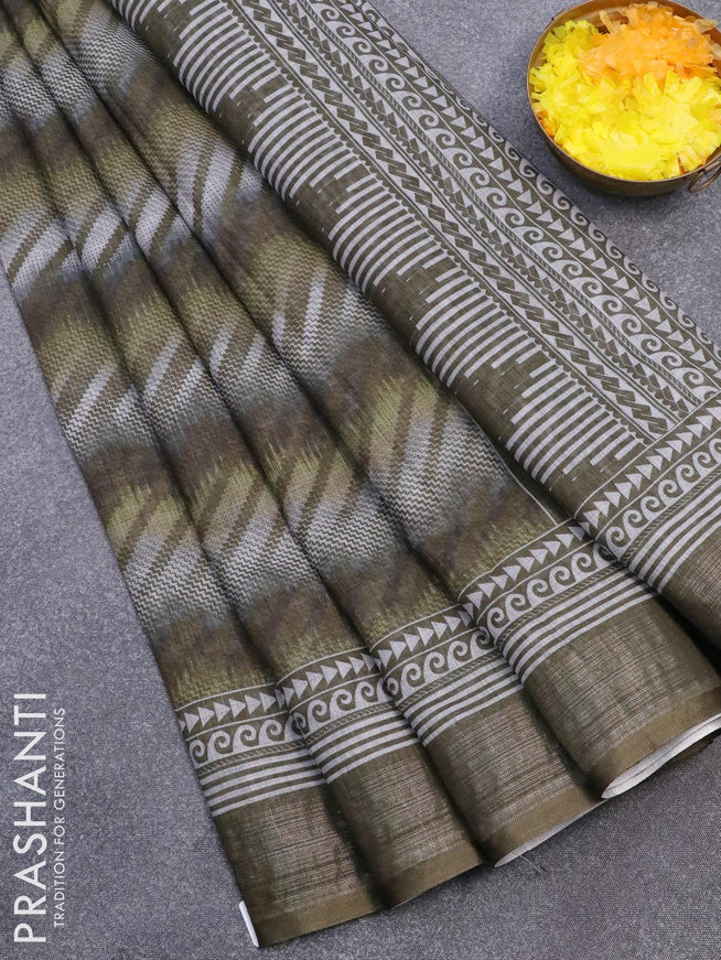 Linen cotton saree sap green with allover prints and silver zari woven border - {{ collection.title }} by Prashanti Sarees