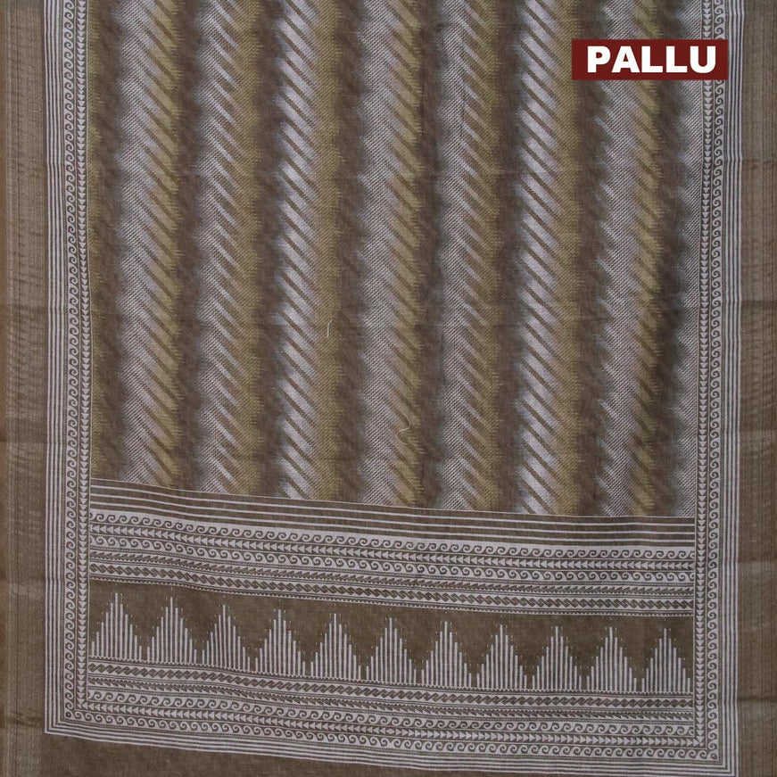 Linen cotton saree sap green with allover prints and silver zari woven border - {{ collection.title }} by Prashanti Sarees