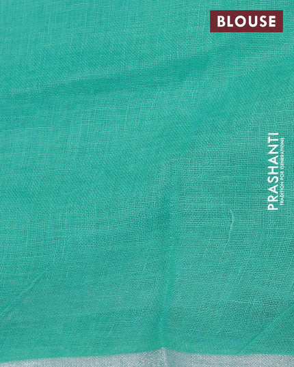 Linen cotton saree teal blue with allover floral prints and small silver zari woven border - {{ collection.title }} by Prashanti Sarees