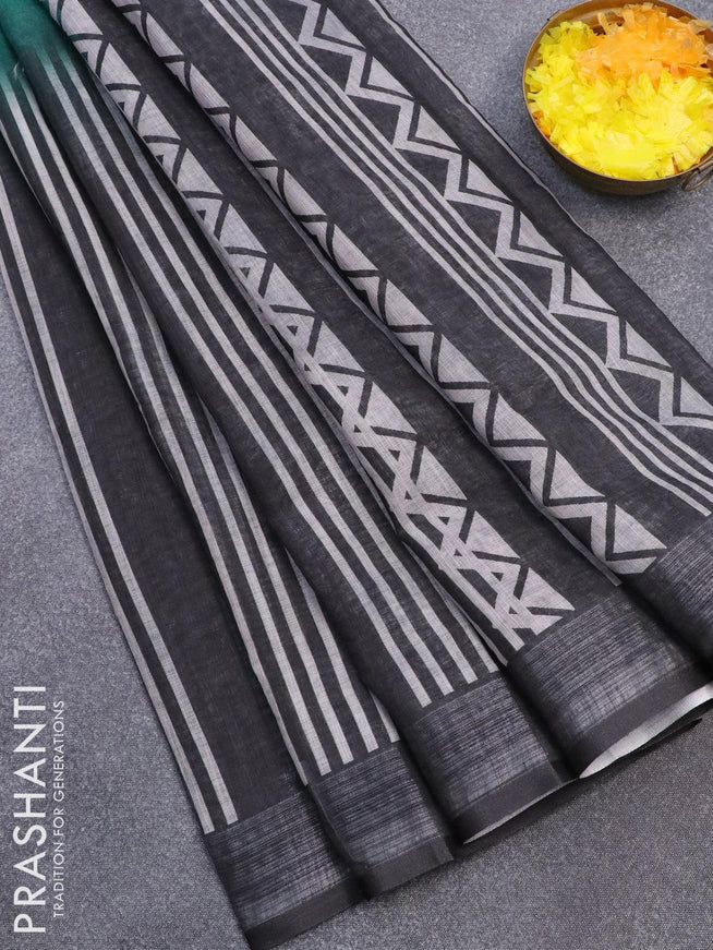 Linen cotton saree teal green shade and black with stripes prints and silver zari woven border - {{ collection.title }} by Prashanti Sarees