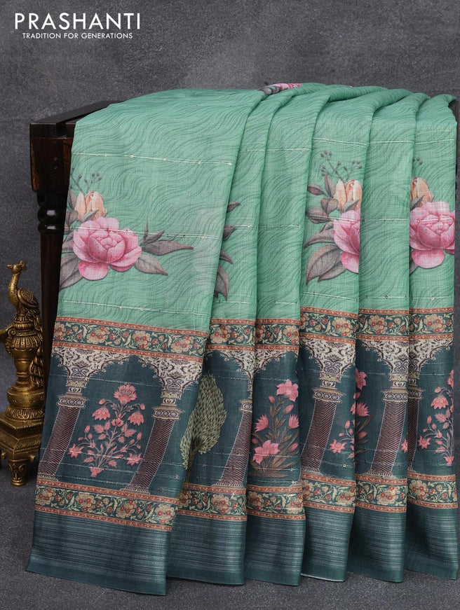 Linen cotton saree teal green shade and dark peacock blue with allover floral digital prints & sequin work and silver zari woven border - {{ collection.title }} by Prashanti Sarees