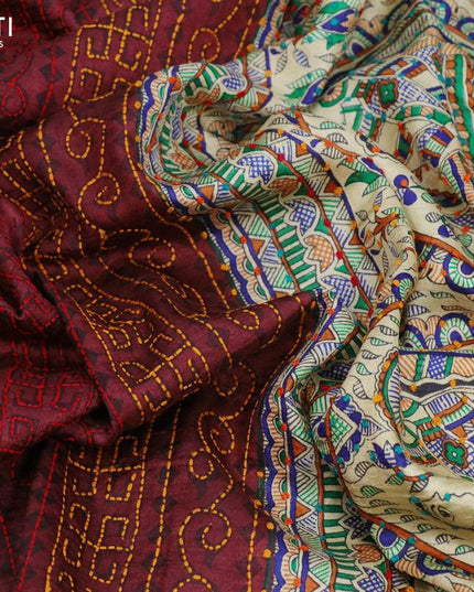 Madhubani printed silk saree deep maroon and cream with allover kantha stitch work and french knot work pallu - {{ collection.title }} by Prashanti Sarees