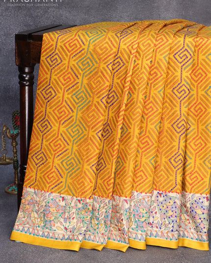 Madhubani printed silk saree mustard yellow and cream with allover kantha stitch work and french knot work pallu - {{ collection.title }} by Prashanti Sarees
