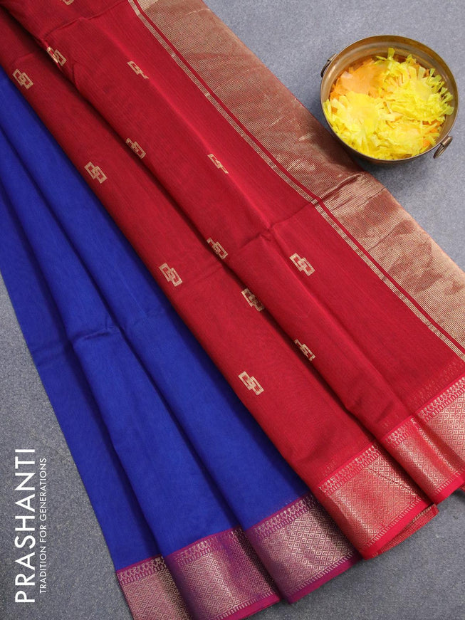 Maheshwari silk cotton saree blue and maroon with zari woven geometric buttas and zari woven border - {{ collection.title }} by Prashanti Sarees