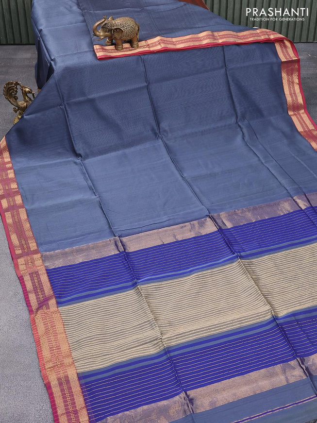 Maheshwari silk cotton saree dark grey and maroon with plain body and zari woven border - {{ collection.title }} by Prashanti Sarees