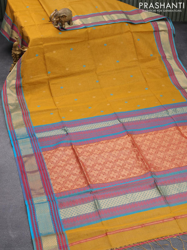 Maheshwari silk cotton saree dark mustard and blue with allover vairosi pattern & buttas and thread & zari woven border - {{ collection.title }} by Prashanti Sarees