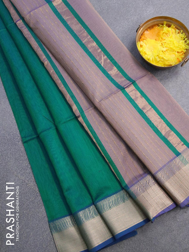 Maheshwari silk cotton saree dual shade of bluish green and blue with plain body and woven border - {{ collection.title }} by Prashanti Sarees