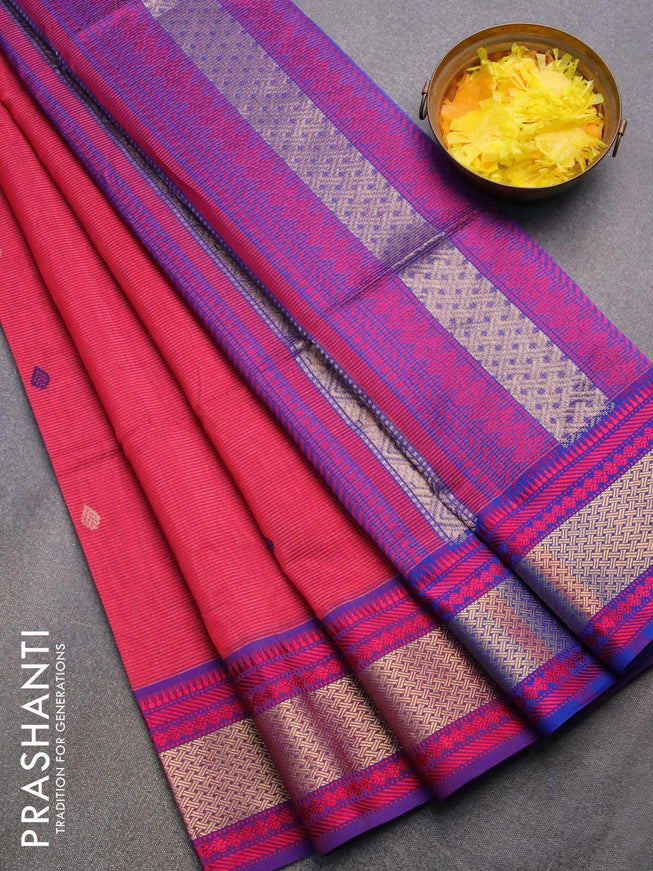 Maheshwari silk cotton saree pink shade and blue with allover vairosi pattern & buttas and thread & zari woven border - {{ collection.title }} by Prashanti Sarees