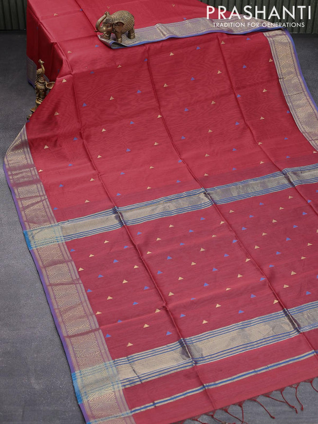 Maheshwari silk cotton saree pink shade and blue with thread & zari woven geometric buttas and zari woven border - {{ collection.title }} by Prashanti Sarees