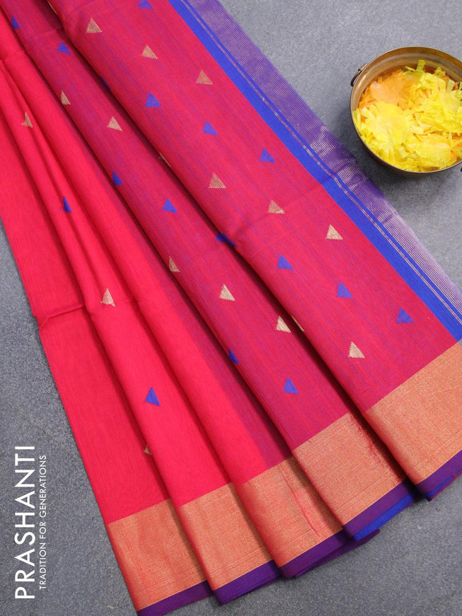 Maheshwari silk cotton saree reddish pink and blue with thread & zari woven buttas and zari woven border - {{ collection.title }} by Prashanti Sarees