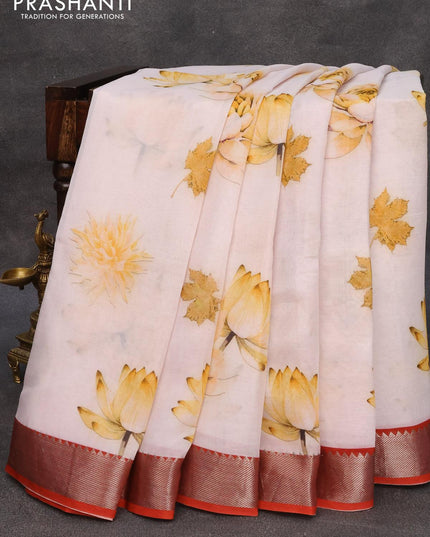 Mangalagiri silk cotton saree baby pink and rustic orange with floral prints and silver zari woven border - {{ collection.title }} by Prashanti Sarees