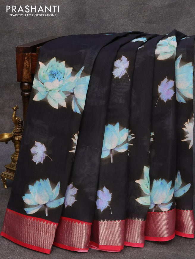 Mangalagiri silk cotton saree black and maroon with floral prints and silver zari woven border - {{ collection.title }} by Prashanti Sarees