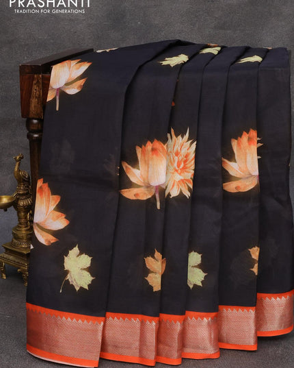 Mangalagiri silk cotton saree black and orange with floral prints and silver zari woven border - {{ collection.title }} by Prashanti Sarees