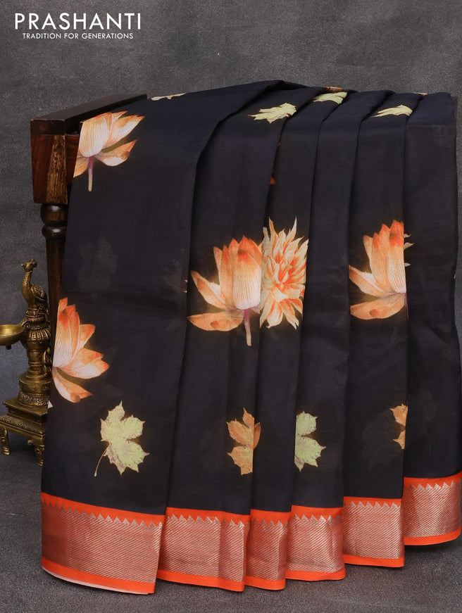 Mangalagiri silk cotton saree black and orange with floral prints and silver zari woven border - {{ collection.title }} by Prashanti Sarees