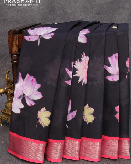 Mangalagiri silk cotton saree black and pink with floral prints and silver zari woven border - {{ collection.title }} by Prashanti Sarees