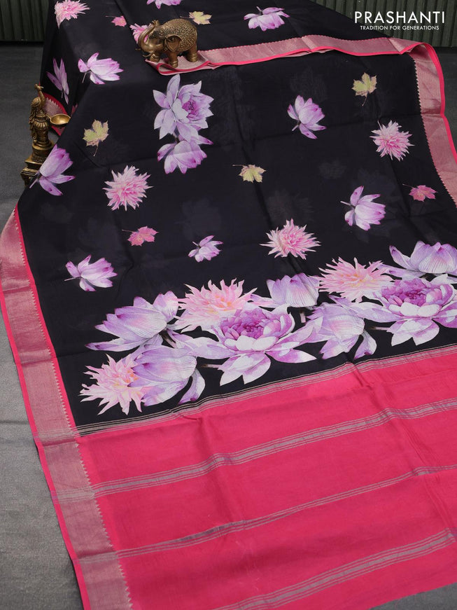 Mangalagiri silk cotton saree black and pink with floral prints and silver zari woven border - {{ collection.title }} by Prashanti Sarees